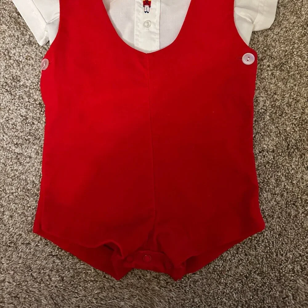 VINTAGE 2 pc Baby Boy Red Overall Romper Outfit 18mo embroidered velvet soldier